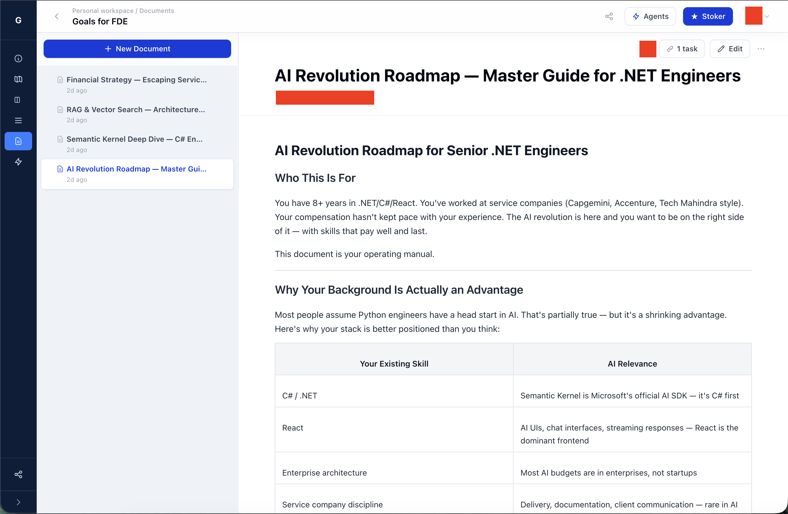 The document panel showing the four linked documents alongside the AI Revolution Roadmap open for reference